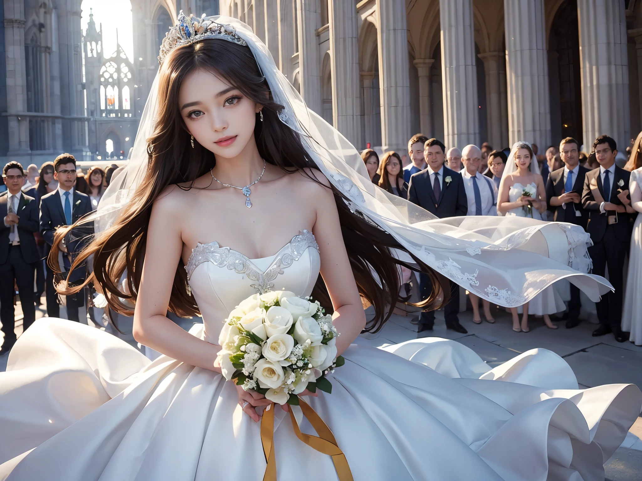 best quality, masterpiece, 1 girl, long hair, A huge laugh, cute , shiny lips, sweet, sun glare, Conservative attire, white gloves, bouquet, wedding dress, Bridal Tiara, depth of field, blurred background, Cathedral Background, light particles, strong wind, head tilt