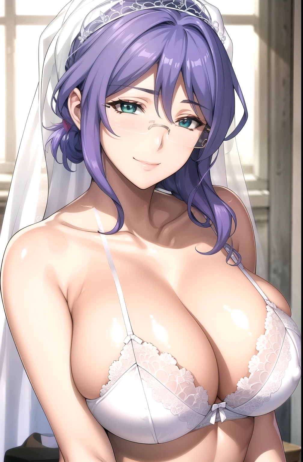 bride, veil, white bra, white lace, white panty, violet hair, , green eyes,Smile, rest looking at viewer, Upper Body, whole body, Cowboy shooting, rest indoors, rest (masterpiece:1.2), best quality, high resolution, Unity 8K wallpaper, (illustration:0.8), (Beautiful and delicate eyes:1.6), Extremely detailed face, Perfect lighting, Extremely detailed CG, (Perfect hands, Perfect anatomical structure), Smooth skin, (masterpiece, best quality), fornaoko, Glasses