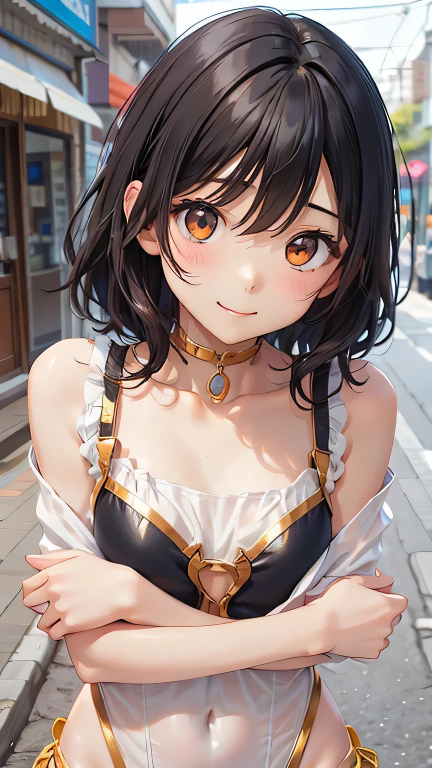 Highest quality、Realistic、woman、zoom、Orange eyes、Short black wavy hair、Glossy white swimsuit、Blue and gold accents、thin、Dark Skin、Flat Chest、Inappropriate smile、Busy Street、Bust Shot、