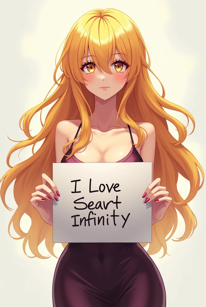 Beautiful hot anime girl with yellow wavy long hair, sexy dress, holding a white board with text "I Love Seaart Infinity" and showing it to the viewer