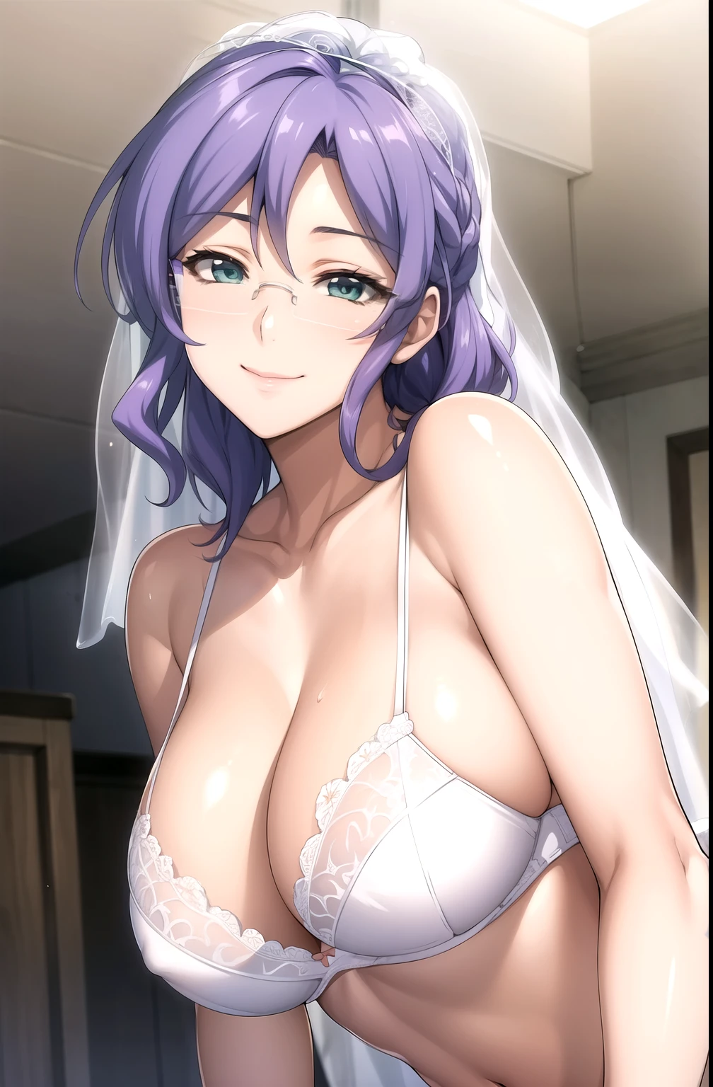 bride, veil, white bra, white lace, white panty, violet hair, , green eyes,Smile, rest looking at viewer, Upper Body, whole body, Cowboy shooting, rest indoors, rest (masterpiece:1.2), best quality, high resolution, Unity 8K wallpaper, (illustration:0.8), (Beautiful and delicate eyes:1.6), Extremely detailed face, Perfect lighting, Extremely detailed CG, (Perfect hands, Perfect anatomical structure), Smooth skin, (masterpiece, best quality), fornaoko, Glasses