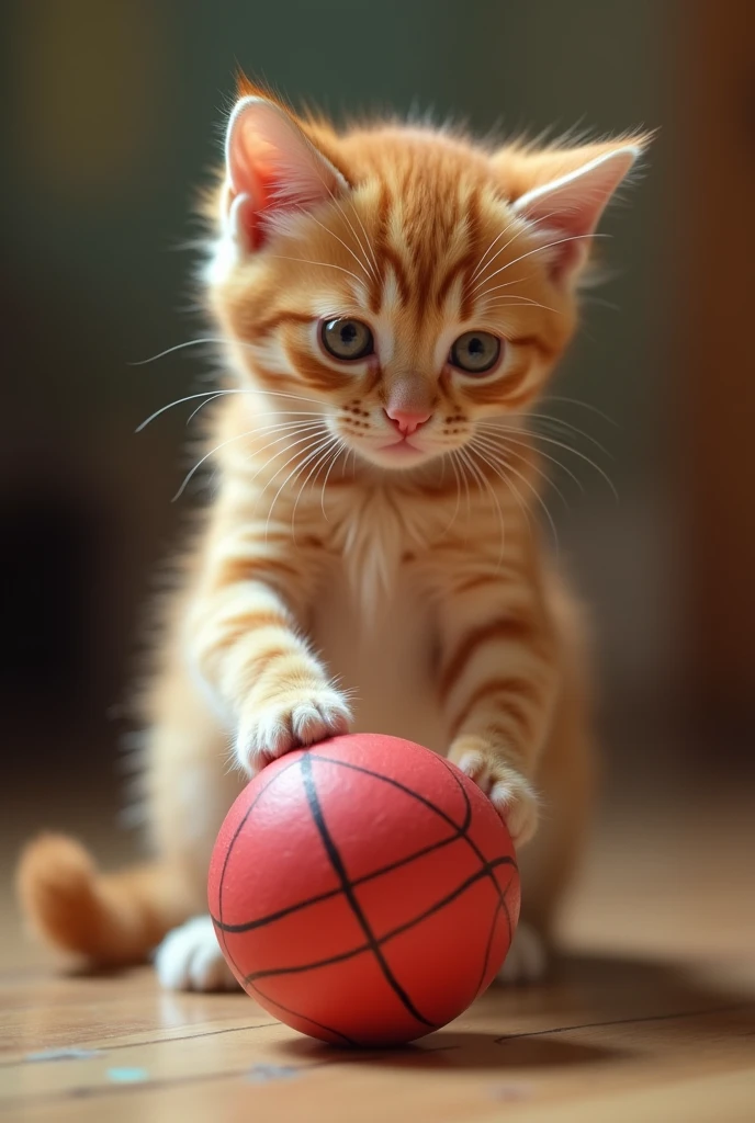 The ginger kitten noticed something suspicious inside the ball