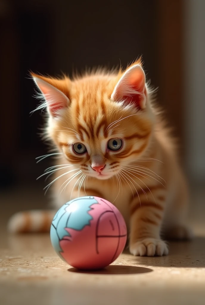 The ginger kitten noticed something suspicious inside the ball