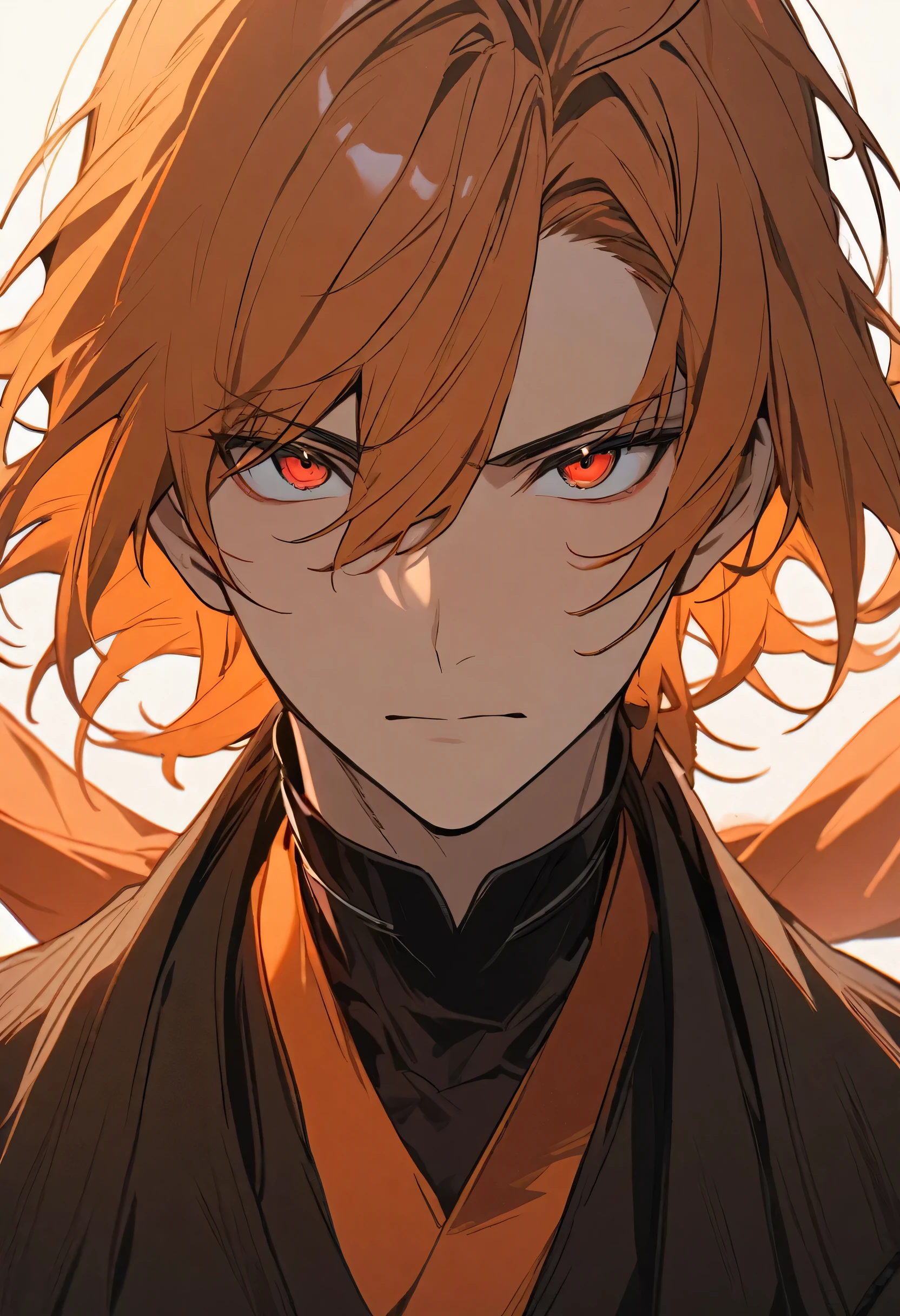a man with neck-length orange hair and red eyes