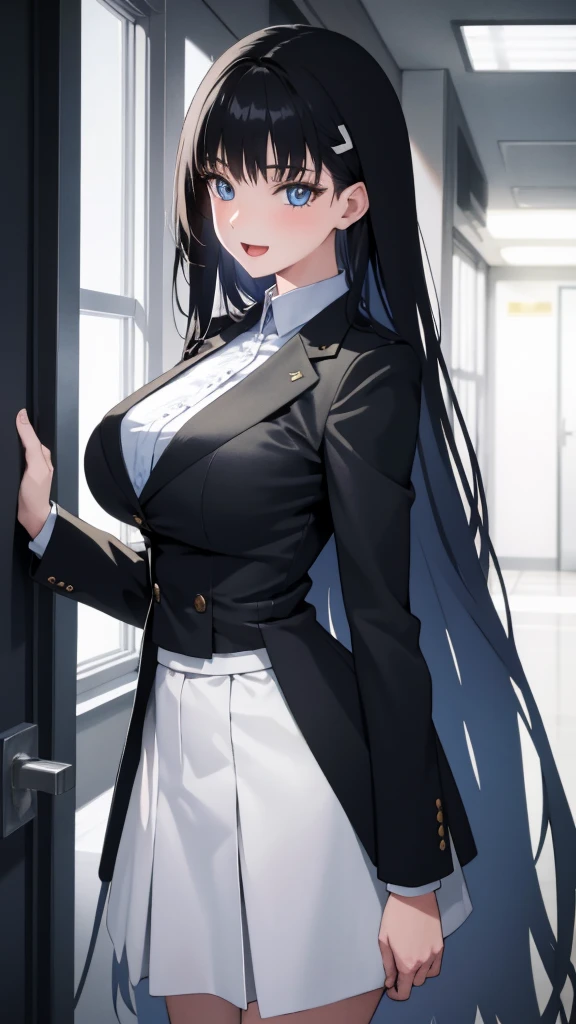 (masterpiece), (best quality), (ultra-detailed), ((girl, 29 years old)), an extremely delicate and beautiful, detailed eyes, minute details, (black hair, long hair, straight hair, hair between eyes), ((big breasts)), smile, open mouth, ((beautiful eyes)), (blue eyes), (upper body), she is wearing a blue dress, (detailed clothes), (detailed background, in a hospital, hospital hallway), (monochrome)
