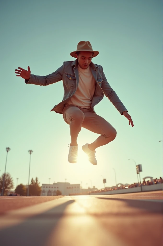 stylish asian man, wearing a hat, dramatic shot, is participating in a high jump competition, angle from below as he is jumping, there is beautiful sunshine, perfect, magic shot, professional shot, use expensive canon camera