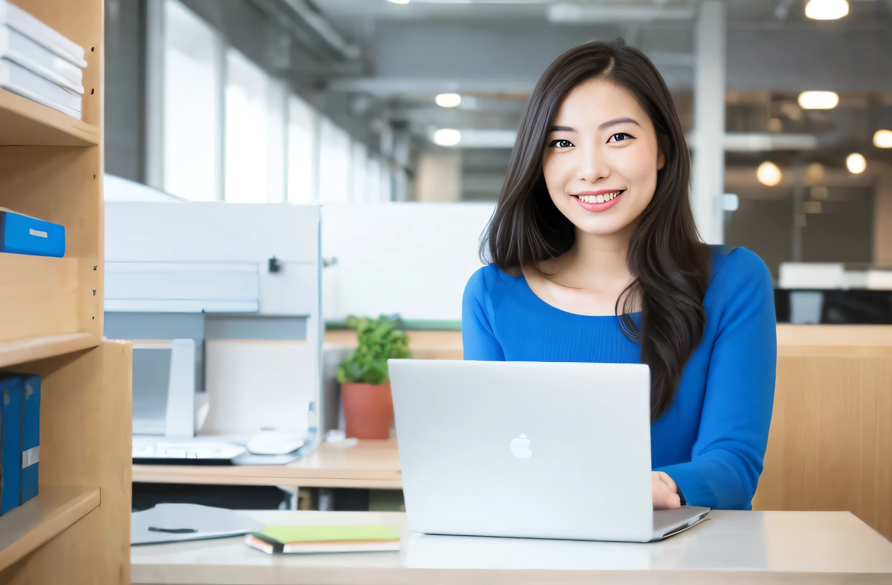 Blue clothes，Laptops，office，smile