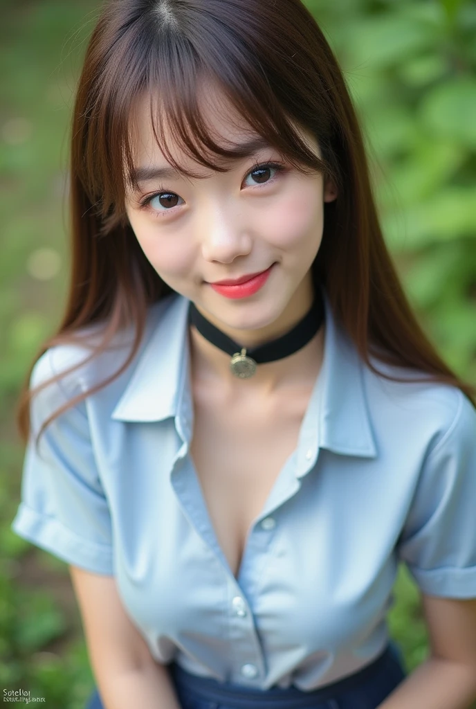 score_8up, Asian Cute Girl, 18-year-old, high school girl, ((Slim face, Slim body)), Collared shirt, mini skirt, , Short arms, ((Exposing cleavage, Leaning forward)), alone, smile, Close-up photo, Black choker, Red lipstick, fluffy eyelashes, garden, bangs, Brown Hair、Short sleeve、uniform、((Big Breasts:1.4)),
