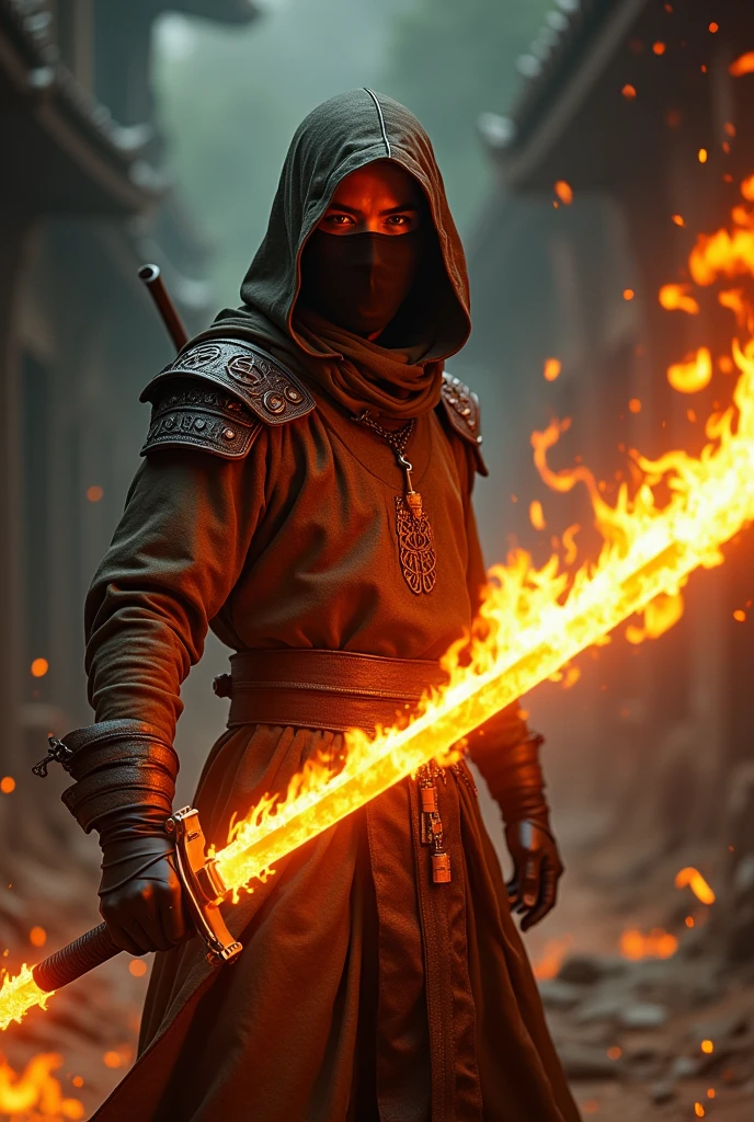 Ninja in bronze colored clothing, showing face in fire sword photo