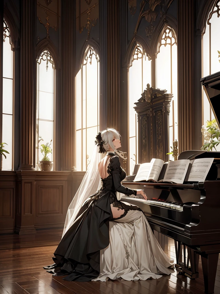Create an image of 2B from NieR: Automata, seated gracefully at a grand piano, focusing on her detailed facial features. She is wearing her signature black dress with intricate lace detailing and thigh-high boots. Her white hair, slightly tousled, frames her face perfectly. Her blindfold is pulled up to reveal her striking eyes, which are wide and expressive, with a hint of melancholy and determination. Her high cheekbones and soft, slightly parted lips create a serene expression as she concentrates on playing the piano. The setting is a grand, dimly lit room filled with soft ambient light filtering through tall, arched windows, casting long shadows across the polished wooden floor. The piano is a sleek, glossy black, reflecting the room’s elegant features. 2B’s delicate fingers dance over the keys, with her posture conveying grace and poise. The sheet music in front of her is slightly ruffled, suggesting a piece she’s deeply immersed in. Around the room, there are faint remnants of nature reclaiming the space, with small vines creeping along the window sills and a few fallen leaves scattered on the floor. In the background, a large, ornate chandelier hangs from the ceiling, adding a touch of sophistication to the scene. The color palette is a mix of soft grays, blacks, and whites, with subtle hints of green from the vines. The overall atmosphere is tranquil and introspective, capturing a moment of peace and beauty amidst the post-apocalyptic world of NieR: Automata.