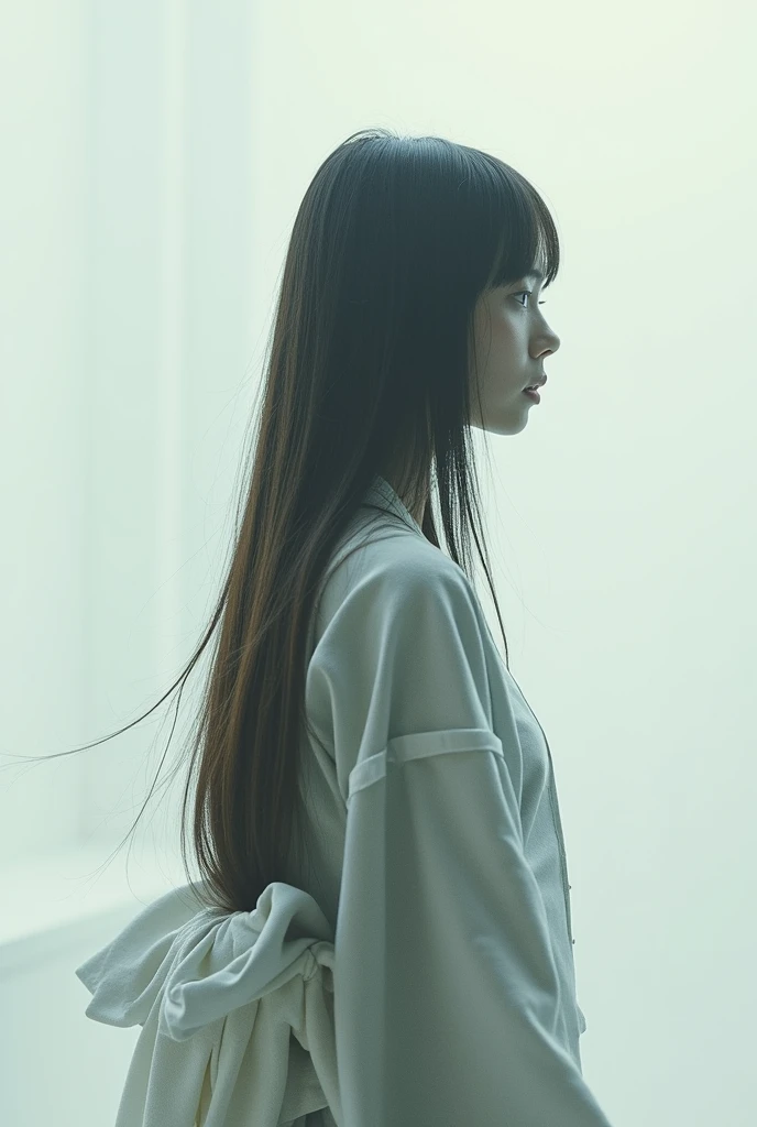 editorial photography,super detailed background,Super realistic,double exposure,depth of field,beauty super slender skinny vibes,soft focus tone,narrative scene,acrylic paint,high-contrast multilayer structure cyborg,full-body shot,from below,wabi-sabi kimono,super long straight brunette hair,In a pure white operating room,