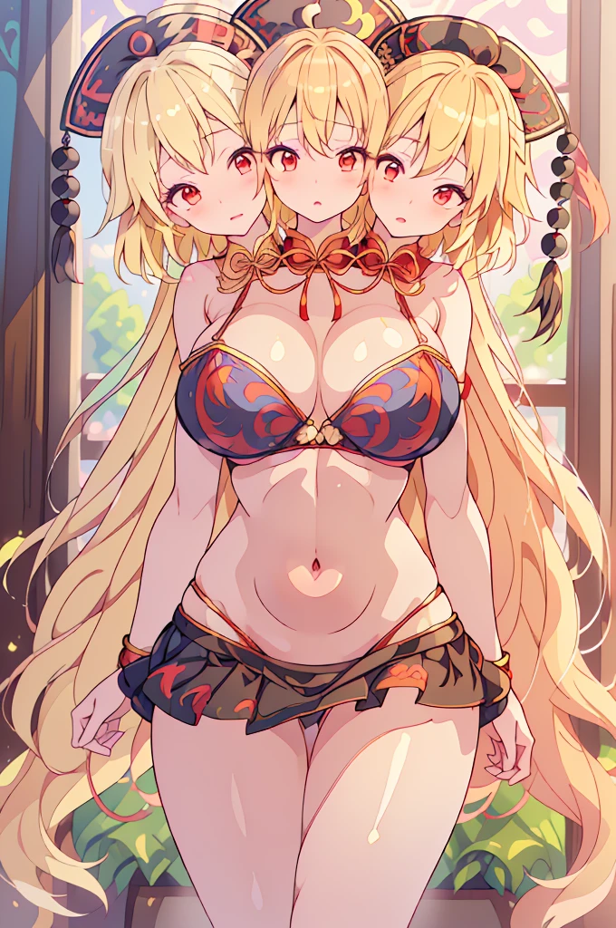 (masterpiece, best quality), best quality, (ultra-detailed), ((3heads:1.5)), 1girl, (junko (touhou):1.3), masterpiece, top best quality, ultra quality, ultra resolution, ultra detail, black top, crop top, ((stomach)), midriff, ((groin)), red and black skirt, normal ears, shackles, blonde hair, very long hair, wavy hair, sidelocks, red eyes, parted lips, blonde, smiling, cute, toned belly, hand on own chest, eyelashes, (26 year old woman:1.3), (masterpiece:1.5), (best quality:1.5), (beautiful detailed), extremely detailed CG, extremely delicate and beautiful, depth of field, (finely detailed face), (perfect details:1.3), (mature female:1.3), wide pelvis, slender, large veiny breast, 16k resolution, highres, very high quality, very high definition, extremely detailed, masterpiece, blonde hair, long hair, alluring presence, braid, short skirt, close up, very big tits, huge tits, young, chinese clothes, hair ornament, chinese headdress, adult woman, blonde woman, milf, same hair color, ((blonde)), ,