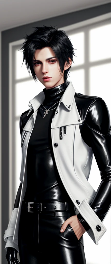Final fantasy taste and reality graphics, Japanese young cute and cool ikemen boy, his age is early 20s, thin eyebrows and beady eyes, he wearing off white color leather thick material jacket, jacket is singlebrest, biker style jacket, with epaulet, jacket is long sleeve, must close the front of the leather jacket, , jacket is voluminous, ,must jacket is high length and stand-up collar with two belts, jacket is a little black color line pattern,close the front of the jacket, also wearing black thick material turtleneck lackluster shirts, tight black leather pants, shiny black leather tight and thin glove, black leather knee-high raceup boots,must views head-to-toe,must views whole body, boy looks like fashion model,Do not show skin from the neck down,leather jacket leather glove and leather pants have few wrinkles,boy in the room,Avoid showing your innerwear