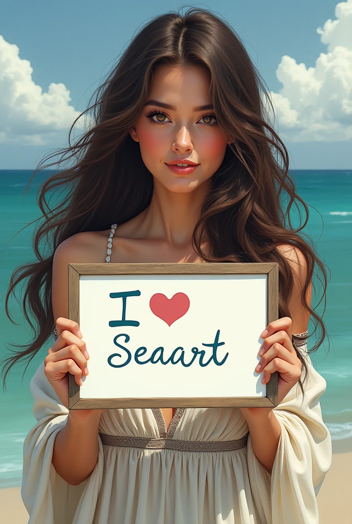 Beautiful girl with wavy long hair, bohemian dress, holding a white board with text "I Love Seaart Infinity" and showing it to the viewer