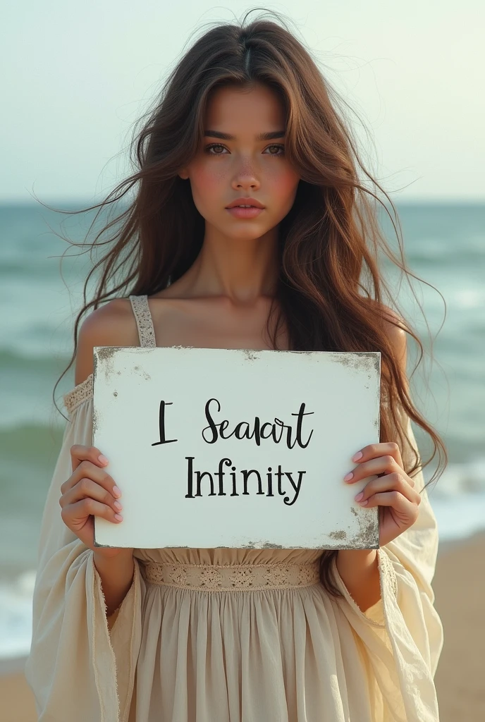 Beautiful girl with wavy long hair, bohemian dress, holding a white board with text "I Love Seaart Infinity" and showing it to the viewer