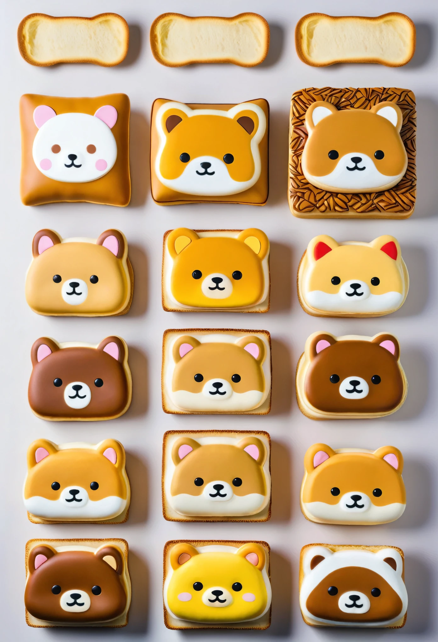 (masterpiece:1.2, Highest quality,Highest quality,Very detailed:1.2),(Super detailed),(Photorealistic),8k,(Small Rilakkuma-style Shiba Inu character breads are arranged in a square:1.5,Bakery Shop,Deformation,Very simple design,Vector Flat,Vector art)