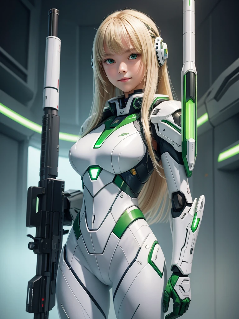 1 teenage girl. Beautiful teenage girl. 12 years old. Beautiful futuristic mecha girl army. White skin. Powerful soldier. Futuristic army base. Blonde hair. Green sexy mecha suit no pants. No bra. No underwear. Half naked. Futuristic jetpack. Green eye. Flat chest. Holding a futuristic riffle gun. Green energy light. Beautiful teenage face. Standing pose. Smile