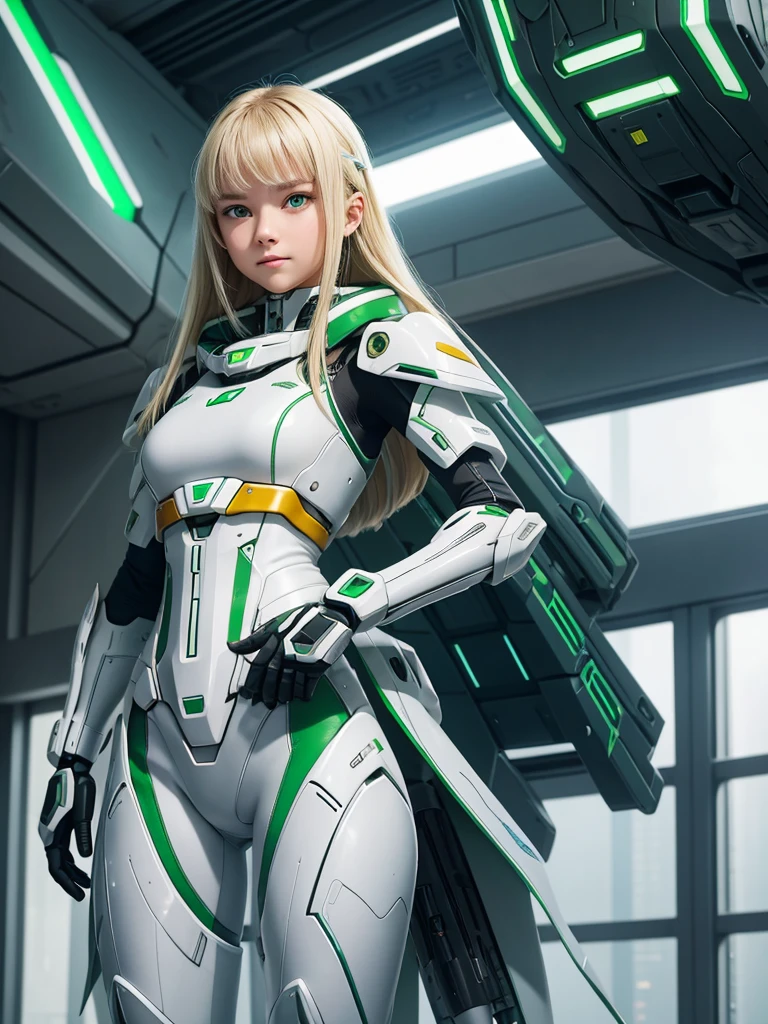 1 teenage girl. Beautiful teenage girl. 12 years old. Beautiful futuristic mecha girl army. White skin. Powerful soldier. Futuristic army base. Blonde hair. Green sexy mecha suit no pants. No bra. No underwear. Half naked. Futuristic jetpack. Green eye. Flat chest. Holding a futuristic riffle gun. Green energy light. Beautiful teenage face. Standing pose. Smile