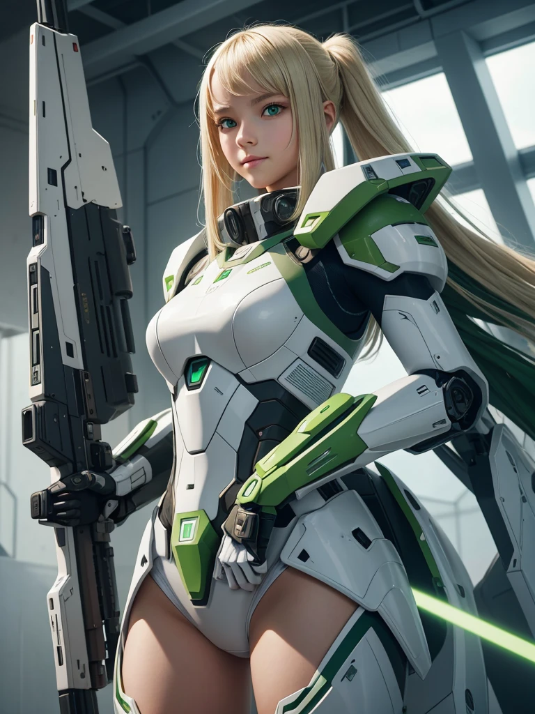 1 teenage girl. Beautiful teenage girl. 12 years old. Beautiful futuristic girl army. White skin. Powerful soldier. Futuristic army base. Blonde hair. Green sexy tight suit no pants. No bra. No underwear. Undressed. Futuristic jetpack. Green eye. Flat chest. Holding a futuristic riffle gun. Green energy light. Beautiful teenage face. Standing pose. Smile
