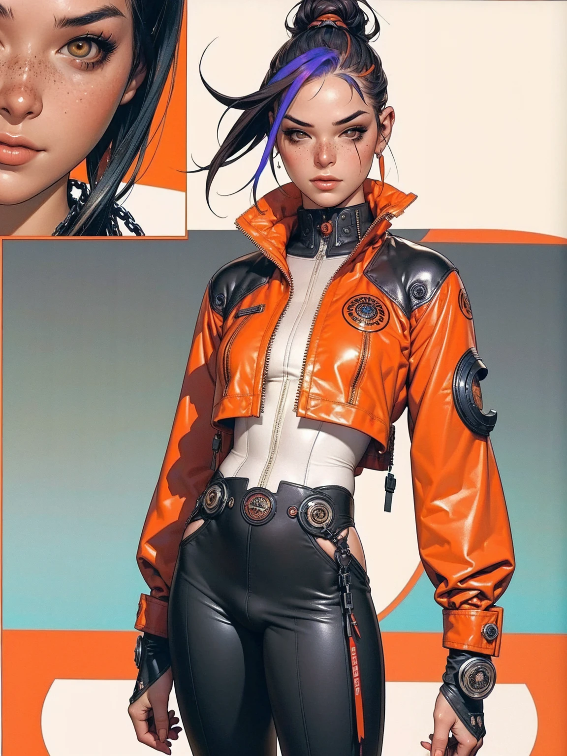 (((best qualityer))), (((manga strokes))), (((freckles))), (((colorful punk hair))), jacket with rivets and screws, uma Kizi jovem muito bem vestida com roupas modernas de inverno, (((pants with red and black zig-zag pattern))), top with vertical stripes, short jacket with dark fur collar, beautiful and expressive face, slightly-smile, big eyes with long black eyelashes, heavy make-up, chains and zippers spread across clothes, contrasting colours, pose de atitude, hair with a modern and futuristic cut, urban game poster art, dramatic camera angles, graffiti art elements in the background, design mixing contemporary and retro by Shepard Fairey, (((cowboy shot))), (((best qualityer: 1.4))), (Unbeatable masterpiece), (hiper HD),(CG 8k hyper-realistic), Kizi, (((standing alone))), pirralha violent, (((14歳))), sexly, pose de atitude, work of art, post-apocalypse, (((manga style))), bounty hunter, violent, Manic, the way you want, slenderbody, thin but strong, perfectbody, roupa moderna, advanced technology, neon, sleeves with vertical striped pattern, neutral background, (( cowboy shot )). intricate visual