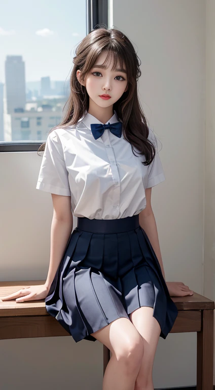 Korean school uniform、Summer shirts、Tight shirt、Bow tie、skirt、School、School的楼梯、Improved posture、The point is、Thin and large、8K Original Photo、high resolution、18 year old Korean、Looks awkward、Extra large round，Beautiful details、Long eyelashes、Nice double eyelids、Eyeshadow、Eyeliner、Eyes become longer、Elongate the shape of the eyes、Sanbai&#39;s eyes are beautiful, Thin legs, And beautiful long legs.、Random Shorthair Cat、Tie your hair up、Ear nipple rings、Light brown hair、(Wear pantyhose)、Hold your knees，8k 最high resolution，Rich in details, Sexy and seductive pose, professional, The breasts were about to burst out of the clothes(Seductive figure)、(Large Breasts)、Perfect hands, Perfect hands指, Perfect pubic bone, Perfect fit, Perfect body, Perfect face shape, Picture-perfect reality, background, Detailed clothing,The shirt is not buttoned properly