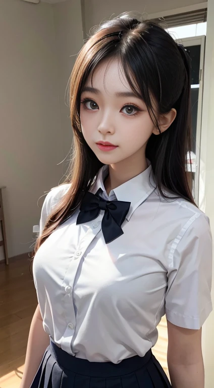 Korean school uniform、Summer shirts、Tight shirt、Bow tie、skirt、School、School的楼梯、Improved posture、The point is、Thin and large、8K Original Photo、high resolution、18 year old Korean、Looks awkward、Extra large round，Beautiful details、Long eyelashes、Nice double eyelids、Eyeshadow、Eyeliner、Eyes become longer、Elongate the shape of the eyes、Sanbai&#39;s eyes are beautiful, Thin legs, And beautiful long legs.、Random Shorthair Cat、Tie your hair up、Ear nipple rings、Light brown hair、(Wear pantyhose)、Hold your knees，8k 最high resolution，Rich in details, Sexy and seductive pose, professional, The breasts were about to burst out of the clothes(Seductive figure)、(Large Breasts)、Perfect hands, Perfect hands指, Perfect pubic bone, Perfect fit, Perfect body, Perfect face shape, Picture-perfect reality, background, Detailed clothing,The shirt is not buttoned properly