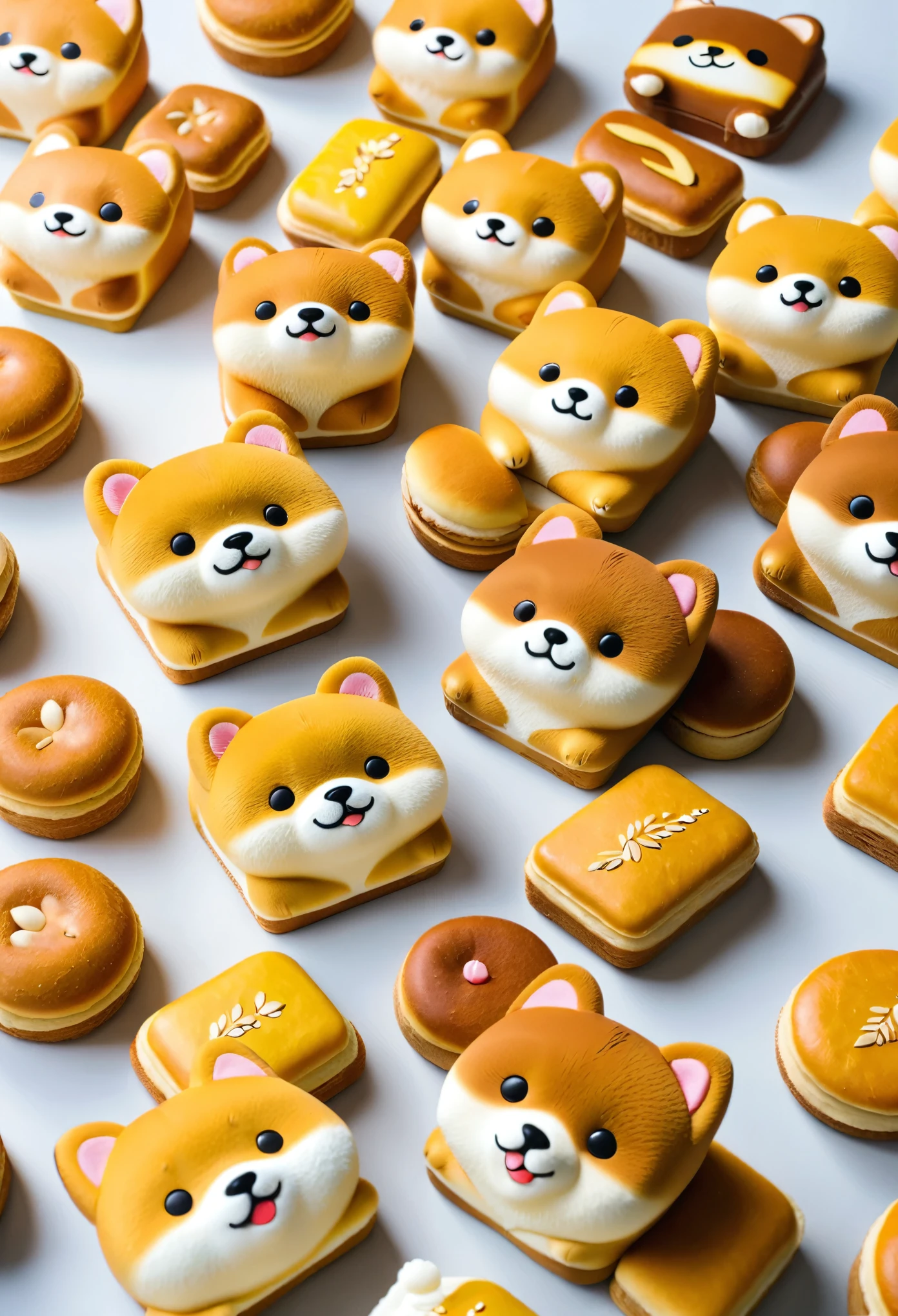 (masterpiece:1.2, Highest quality,Highest quality,Very detailed:1.2),(Super detailed),(Photorealistic),8k,(Small Rilakkuma-style Shiba Inu character breads are arranged in a square:1.5,Bakery Shop,Deformation,Very simple design,Vector Flat,Vector art)