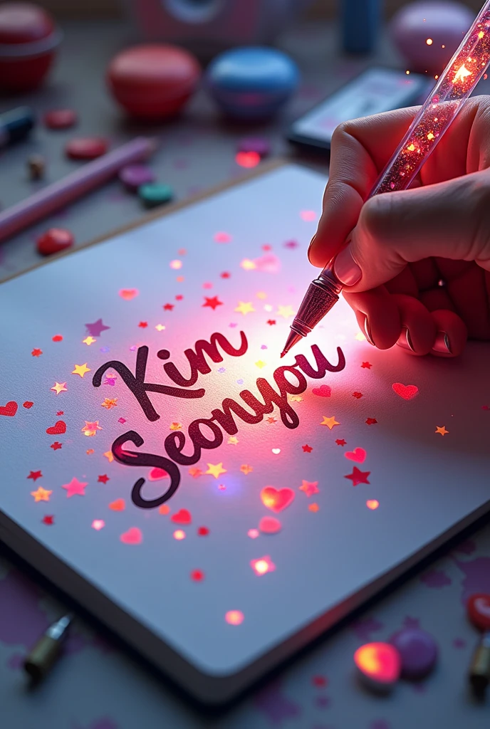 (((A mesmerizing, hyper-realistic 16K 3D illustration captures a magical moment of pure creativity. A talented artist is masterfully sketching a heartfelt message, "Kim Seonyou", in a notebook.))) The text is composed of vibrant, color sepia stars and hearts that smoothly transition through the entire spectrum. The artist's hand, holding a transparent pen filled with radiant stars, is detailed exquisitely, symbolizing boundless creativity and imagination. The background is a three-dimensional sketchbook setting with scattered throughout, adding depth and dimension to this captivating, graffiti-inspired scene. The illustration radiates energy, movement, and vibrant colors, making it a true work of art that celebrates creativity and imagination., gra, cinematic, vibrant, graffiti, painting, typography, product, illustration, photo, 3d render, fashion, dark fantasy