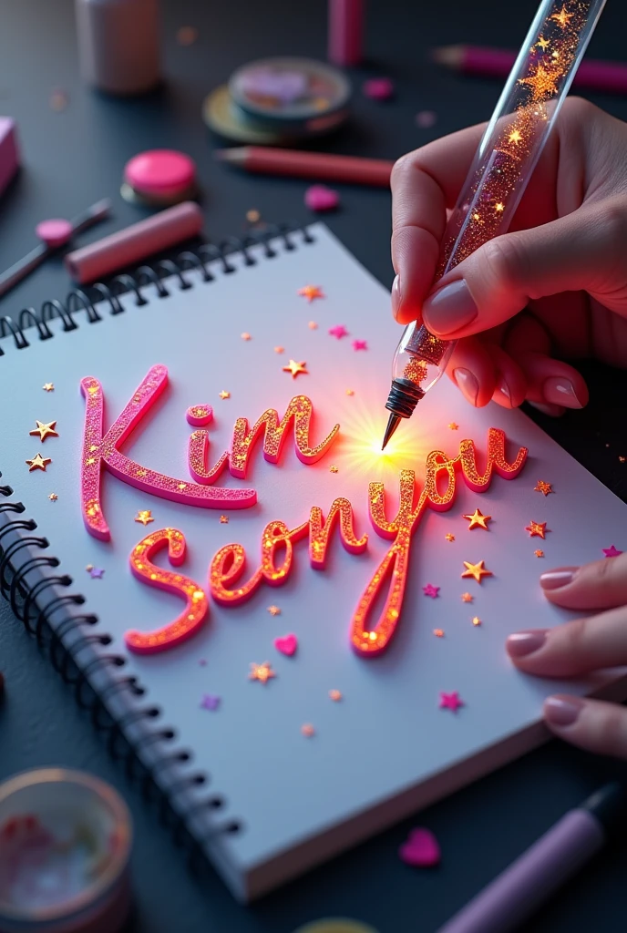 (((A mesmerizing, hyper-realistic 16K 3D illustration captures a magical moment of pure creativity. A talented artist is masterfully sketching a heartfelt message, "Kim Seonyou", in a notebook.))) The text is composed of vibrant, color sepia stars and hearts that smoothly transition through the entire spectrum. The artist's hand, holding a transparent pen filled with radiant stars, is detailed exquisitely, symbolizing boundless creativity and imagination. The background is a three-dimensional sketchbook setting with scattered throughout, adding depth and dimension to this captivating, graffiti-inspired scene. The illustration radiates energy, movement, and vibrant colors, making it a true work of art that celebrates creativity and imagination., gra, cinematic, vibrant, graffiti, painting, typography, product, illustration, photo, 3d render, fashion, dark fantasy