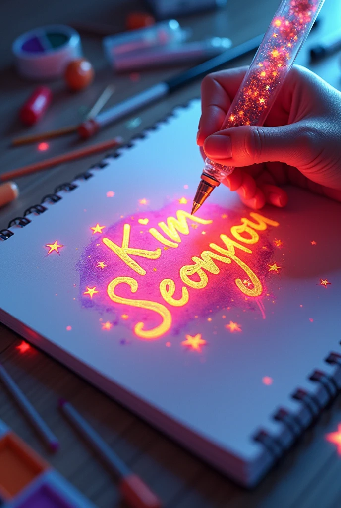 (((A mesmerizing, hyper-realistic 16K 3D illustration captures a magical moment of pure creativity. A talented artist is masterfully sketching a heartfelt message, "Kim Seonyou", in a notebook.))) The text is composed of vibrant, color sepia stars and hearts that smoothly transition through the entire spectrum. The artist's hand, holding a transparent pen filled with radiant stars, is detailed exquisitely, symbolizing boundless creativity and imagination. The background is a three-dimensional sketchbook setting with scattered throughout, adding depth and dimension to this captivating, graffiti-inspired scene. The illustration radiates energy, movement, and vibrant colors, making it a true work of art that celebrates creativity and imagination., gra, cinematic, vibrant, graffiti, painting, typography, product, illustration, photo, 3d render, fashion, dark fantasy