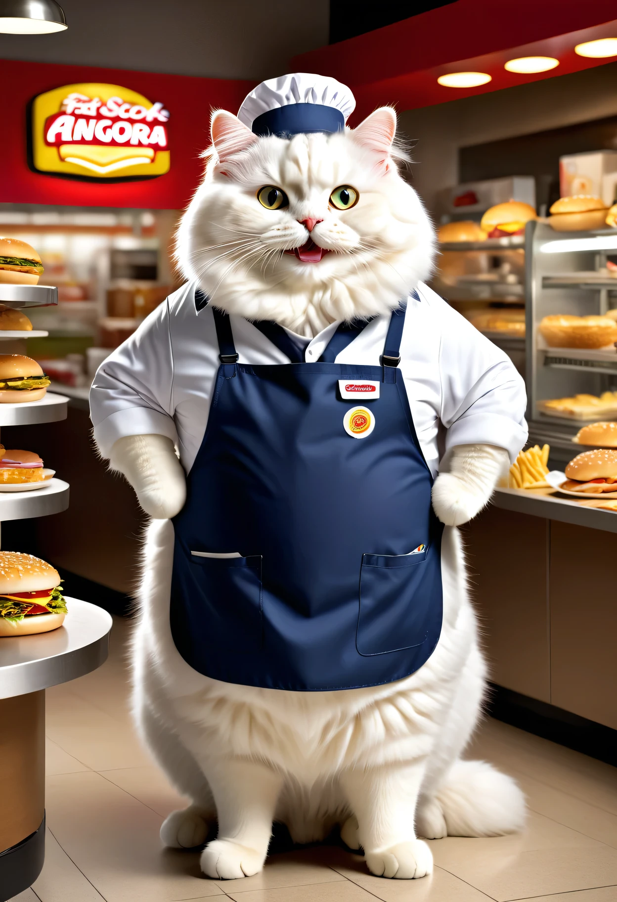 photorealistic portrait of Dressed animals-a ((fat)) (angora cat) worker,(furry), (elegant pose:1.5), (hands on hips:1.5),(smile:1.5),high quality,(),(lovely) ,intricate details, Wearing fast food shop uniform , (apron and cap), highly detailed ((fast food shop uniform)) ,highly detailed clothes, sneaker and high sox , (happy), soft lighting,(full body image:2.0),in fast food shop background,,score_9, score_8_up, score_7_up, score_6_up, score_5_up, score_4_up,