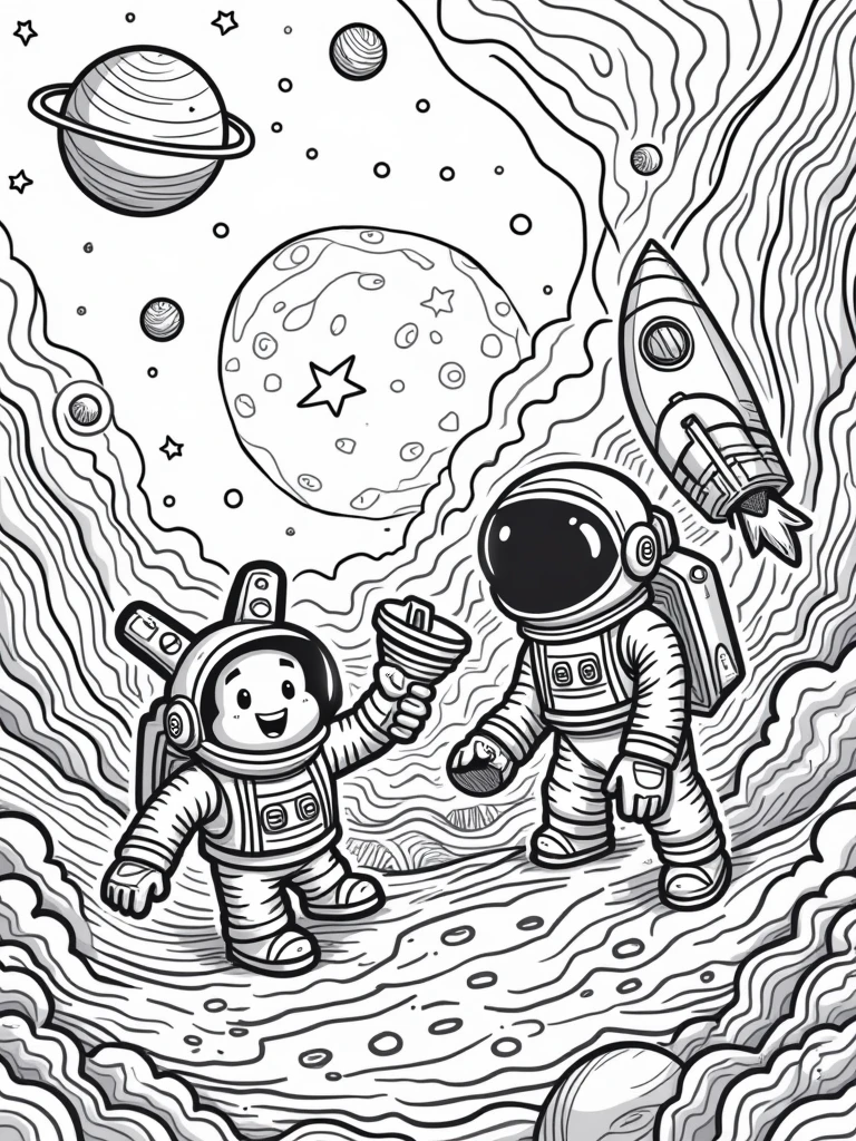 Fun, child-friendly line art of space adventures featuring planets, stars, rockets, astronauts, and friendly aliens. The space environment should be exciting with lots of cosmic details to color