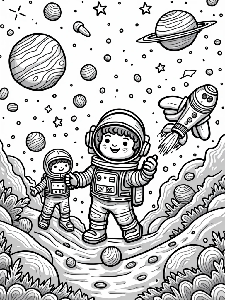 Fun, child-friendly line art of space adventures featuring planets, stars, rockets, astronauts, and friendly aliens. The space environment should be exciting with lots of cosmic details to color