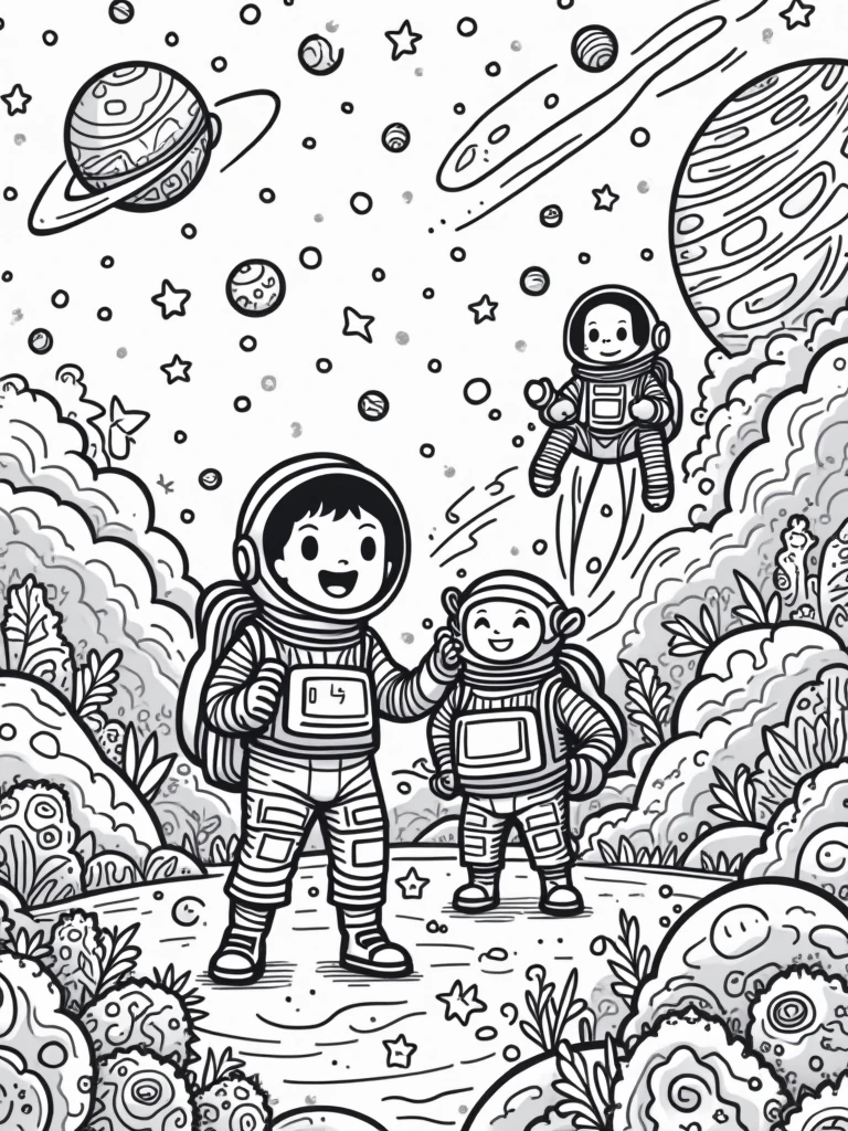 Fun, child-friendly line art of space adventures featuring planets, stars, rockets, astronauts, and friendly aliens. The space environment should be exciting with lots of cosmic details to color