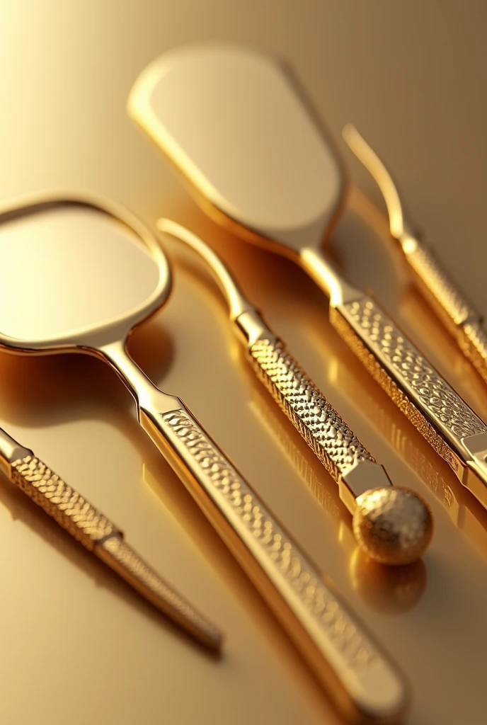 Create an image of dental instruments designed with a luxurious golden finish. The instruments, such as a dental mirror, explorer, and forceps, should be elegantly crafted with smooth, polished surfaces that reflect light, giving them a radiant and opulent appearance. The gold tones should be rich and warm, conveying a sense of luxury and precision. The arrangement of the instruments should be clean and orderly, with an emphasis on their sleek design and high-end feel. The overall image should exude sophistication, highlighting the fine craftsmanship and the luxurious golden finish of the dental tools