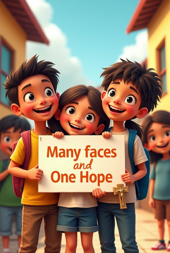 Smiling children at school holding a sign that reads in Spanish: "many faces and one hope" One of the children holding a cross and another a picture of Saint Jerome