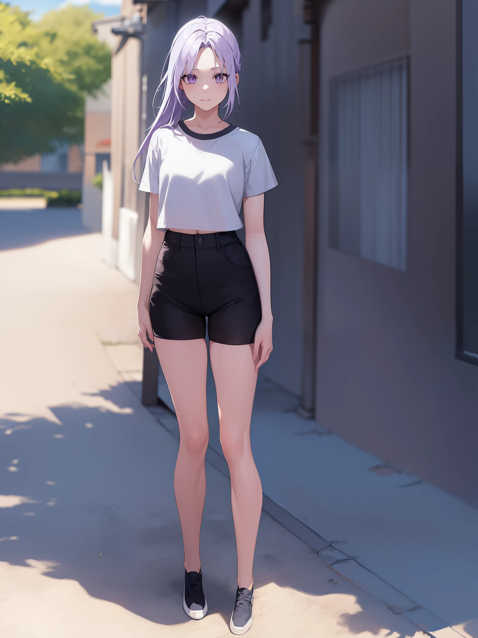 (extremely detailed CG unity 8k wallpaper),(masterpiece),(best quality),(ultra-detailed),(best illustration),(best shadow),1girl, solo, purple eyes, looking at viewer, long hair, closed mouth, purple hair, bangs, outdoors, sidelocks, black background, female main character from the game 'What in Hell is Bad', daughter of Solomon, pale skin, solid light purple eyes with no pupils, pretty, in the art style of the game, full body, wearing a white cropped t-shirt and black shorts