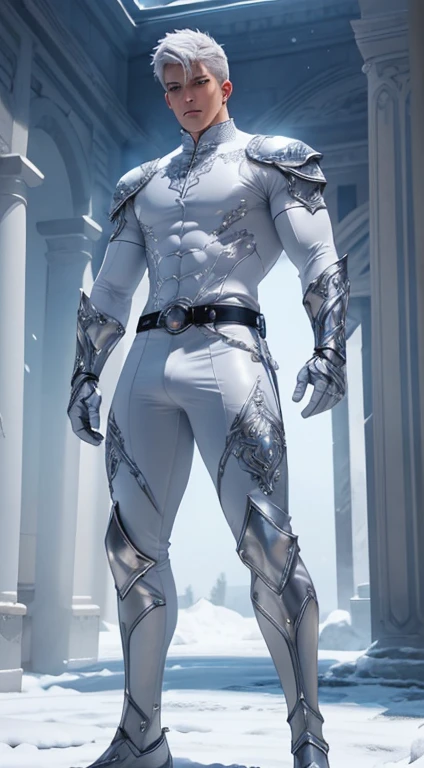 Full body photorealistic handsome hunky masculine titans White haired Young Jack Frost, unreal engine, extremely attractive male wearing white and silver scales transparent mesh bodysuit,, with belt and gloves,, extremely masculine physique, intricately detailed metal body armour, super bulge, realistic skin, short tousled hair, snow temple as background