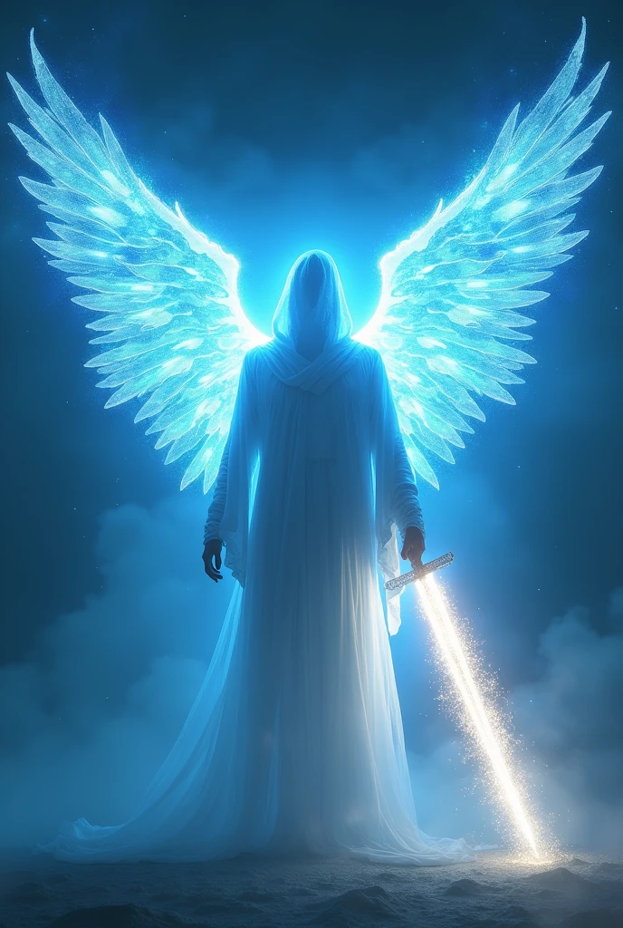 Male being of light with winged robe, faceless, illuminated with intense radiating bluish-white incandescent light, With sword of fire in hand