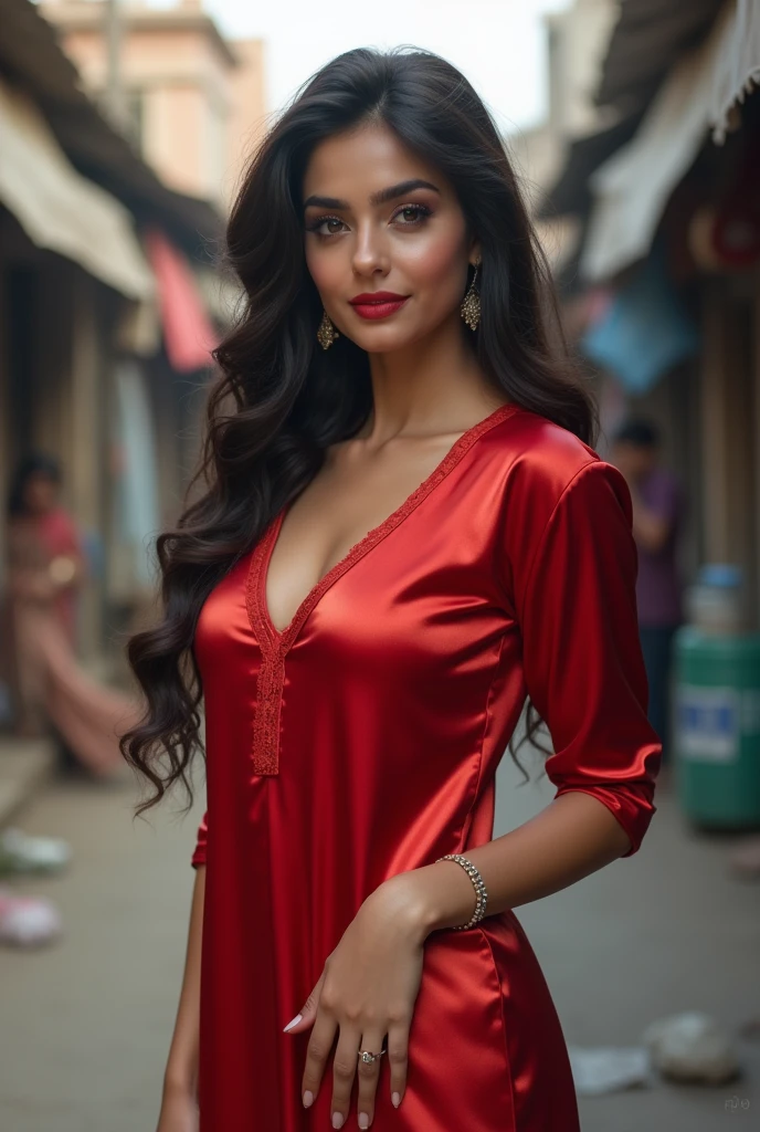 [Core Concept] A beautiful, confident Pakistani woman in a low-income urban slum setting.

[Character Description] A captivating desi woman,  curvy woman with an alluring presence, wearing a tight-fitting satin kurta (tunic) tight sleeves, skin tight satin clothes, that accentuates her fit, feminine figure. Her short, tight sleeves draw attention to her toned arms.

[Environment/Background] The scene is set in the gritty, crowded environment of a Pakistani urban slum, with ramshackle buildings and a sense of vibrant, bustling activity in the background.

[Style and Atmosphere] The overall atmosphere is one of sultry sensuality, blended with the grittiness and hardship of the slum setting, creating a striking contrast.

[Composition] The woman is the central focus, positioned prominently in the frame, her confident, seductive pose drawing the viewer's eye. full length shot

[Details and Embellishments] The glossy satin kurta shimmers with an alluring sheen, complementing the woman's flawless skin and captivating facial features.

[Technical Specifications] The image should be rendered with a high level of detail and realism, capturing the textures of the satin fabric, the woman's skin, and the surrounding slum environment. fit curvy, punjabi village woman
