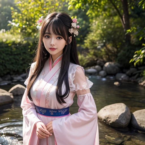 best quality, Delicate face,beautiful visual work, lifelike, eternity, black hair, Long curly hair, blunt bangs, Smile, Detailed Background, Delicate face,blush,cold,((masterpiece))、(top quality)、8k、high detail、Super detailed,31-year-old female,身穿唐制Hanfu、waist skirt, Clothes are light and fluffy,Hanfu, wide sleeves, Transparent sleeves, Tunic, Clothes made of chiffon,masterpiece、born、Scenes resembling fairy tale illustrations、intricate details和複雜的設計、Beautifully、magic、capricious、 Beautifully、Dream aesthetics、「𝓡𝓸𝓶𝓪𝓷𝓽𝓲𝓬、ethereal、charming、fickle、magic」、realism、Visual effects、FXAA、SSAO、Shader、voiceless、ambient lighting、Tone mapping、High resolution、Ultra high quality、Million pixels、(8K resolution:1.10)、8k、8k以下、8K resolution、high detail、intricate details, (high quality:1.2、masterpiece:1.2、:1.21)、(31-year-old female:1.21)、(興奮地Smile)、(被dream般的氛圍所包圍、Model diagram,full-body shot,Normal 2 feet,Put your hands behind you,The protrusion of the breast is visible when wearing clothes, Large Breasts, H cup chest, antiquity, Xian Xia, gauze clothes, Soft and fluttering, Fairy, dream, fantasy, light, Elegant, nature, Immortal, romantic, classical, ribbon, pink clothes, By the stream, "Behind the Letting Go"