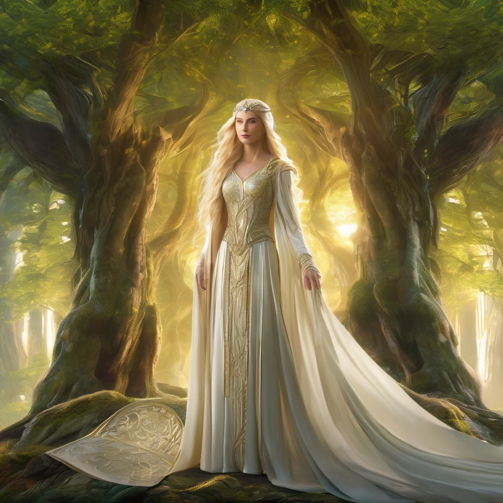 (masterpiece, 8K, UHD, high resolution: 1.4), Galadriel as described in *The Silmarillion*, (tall and noble elven woman with an aura of wisdom and strength: 1.3), (long, radiant golden hair flowing gracefully: 1.3), (piercing, bright eyes with deep understanding and power: 1.3), (elegant and regal attire, intricate elven designs: 1.2), (surrounded by the ancient forests of Middle-earth: 1.2), (majestic trees and ethereal light filtering through the leaves: 1.2), (her expression calm, yet resolute, reflecting her profound knowledge of history and her indomitable spirit: 1.3), (background includes hints of Valinor's beauty and the weight of her Noldorin heritage: 1.3), (rich in textures and fine details, capturing the essence of Tolkien's vision: 1.3), (mythical and timeless atmosphere: 1.2)