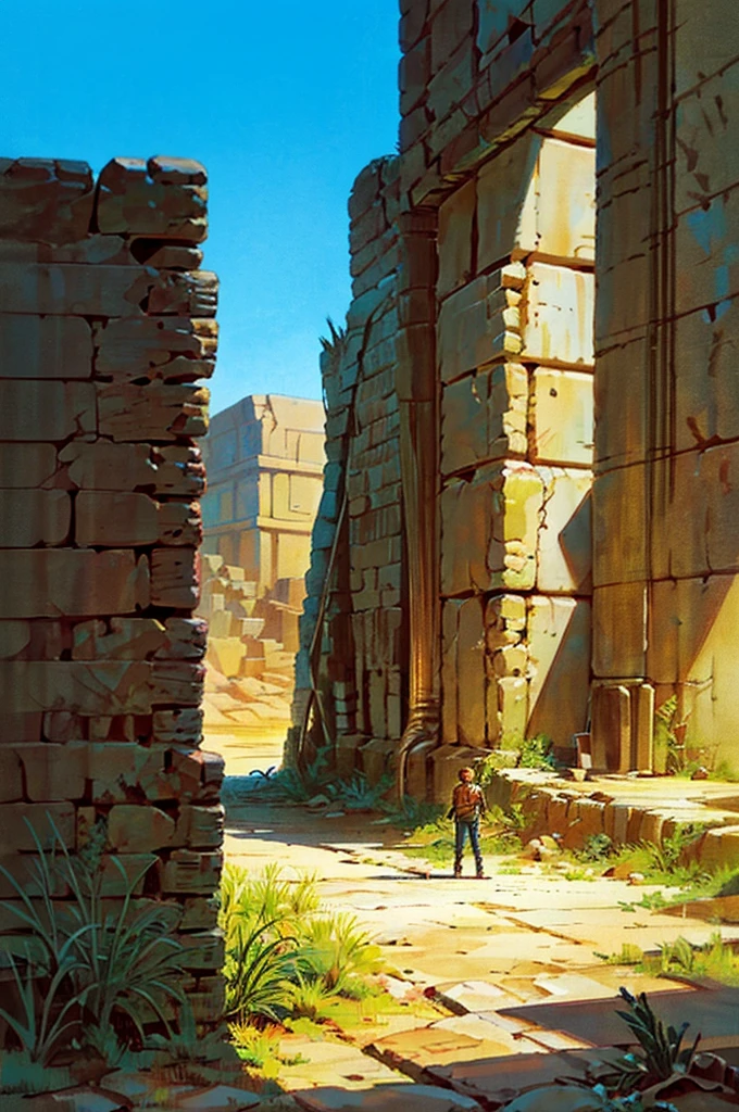 [Core Concept] A young man with striking blue eyes and hair, speaking into a microphone amidst the ruined remnants of a desert building. [Character Description] The young man has a captivating presence, with piercing blue eyes and vibrant blue hair that frames his face. His long eyelashes add a touch of delicacy to his features, while a leather jacket and light blue denim pants give him a stylish, edgy appearance. [Environment/Background] The scene is set in a desolate, ruined desert landscape, where the crumbling remains of a building provide a weathered backdrop. A solitary desert plant stands as a testament to the resilience of nature in this harsh environment. [Style and Atmosphere] The overall style is a whimsical, cartoon-like interpretation, imbuing the scene with a sense of imagination and wonder, while the ruined setting lends an air of mystery and intrigue. [Composition] The young man is positioned centrally, his microphone-wielding pose drawing the viewer's attention. The desert plant and ruined building frame him, creating a visually compelling and balanced composition. [Details and Embellishments] The young man's expressive features, the intricate folds of his leather jacket, and the textural details of the desert plant and building all contribute to a richly detailed and visually captivating scene. [Technical Specifications] This masterpiece is rendered in a high-quality, imaginative cartoon style, showcasing exceptional attention to detail and a masterful execution of the overall concept.
