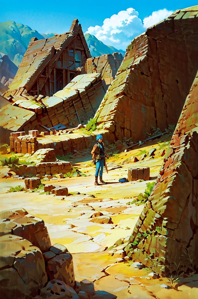 [Core Concept] A young man with striking blue eyes and hair, speaking into a microphone amidst the ruined remnants of a desert building. [Character Description] The young man has a captivating presence, with piercing blue eyes and vibrant blue hair that frames his face. His long eyelashes add a touch of delicacy to his features, while a leather jacket and light blue denim pants give him a stylish, edgy appearance. [Environment/Background] The scene is set in a desolate, ruined desert landscape, where the crumbling remains of a building provide a weathered backdrop. A solitary desert plant stands as a testament to the resilience of nature in this harsh environment. [Style and Atmosphere] The overall style is a whimsical, cartoon-like interpretation, imbuing the scene with a sense of imagination and wonder, while the ruined setting lends an air of mystery and intrigue. [Composition] The young man is positioned centrally, his microphone-wielding pose drawing the viewer's attention. The desert plant and ruined building frame him, creating a visually compelling and balanced composition. [Details and Embellishments] The young man's expressive features, the intricate folds of his leather jacket, and the textural details of the desert plant and building all contribute to a richly detailed and visually captivating scene. [Technical Specifications] This masterpiece is rendered in a high-quality, imaginative cartoon style, showcasing exceptional attention to detail and a masterful execution of the overall concept.