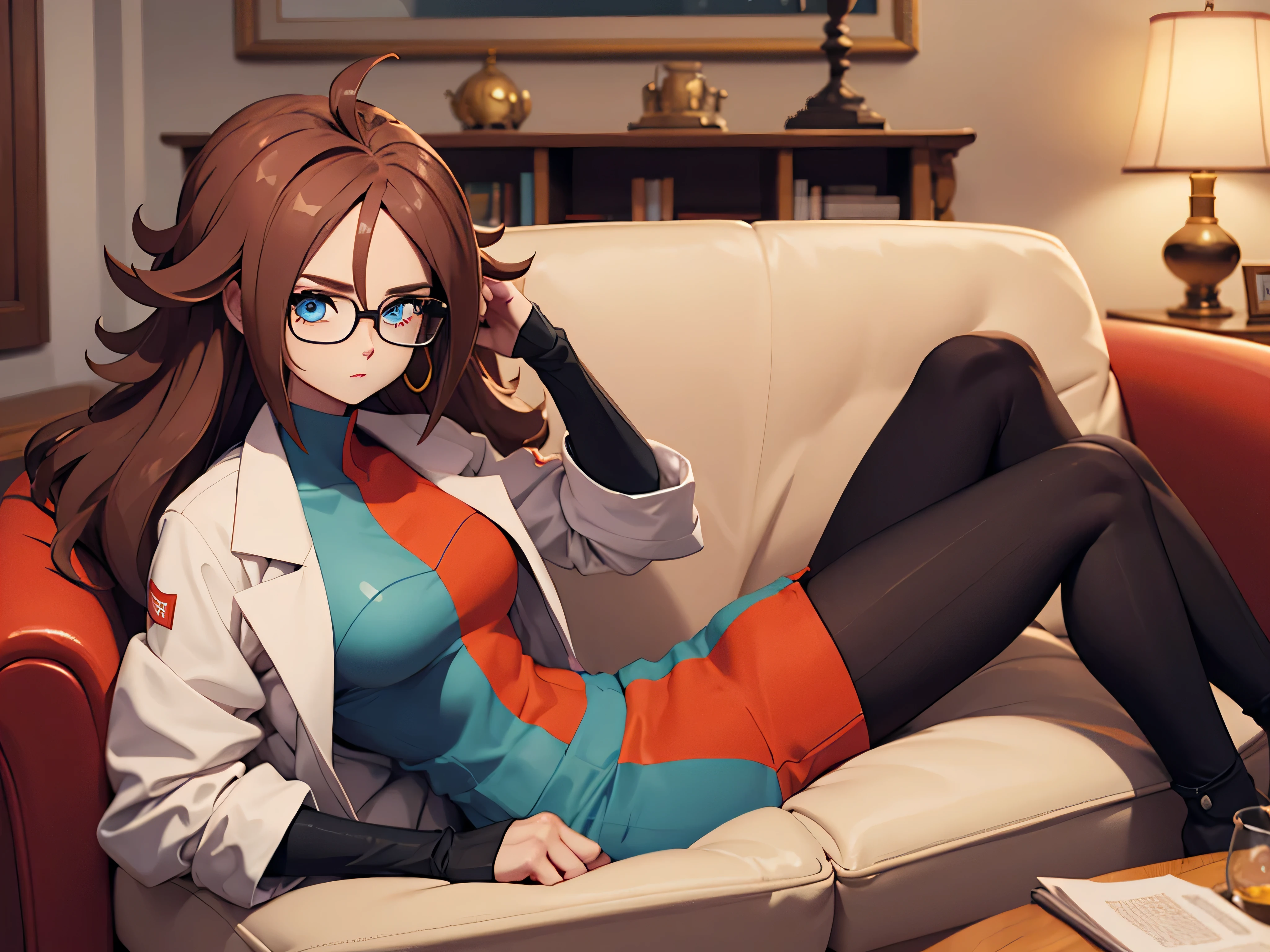 android 21, glasses, long brown hair, glasses, blue eyes, plaid dress, lab coat, tights, looking at viewer, serious, lying, on sofa, cozy living room, lamp, high quality, Artwork art, 