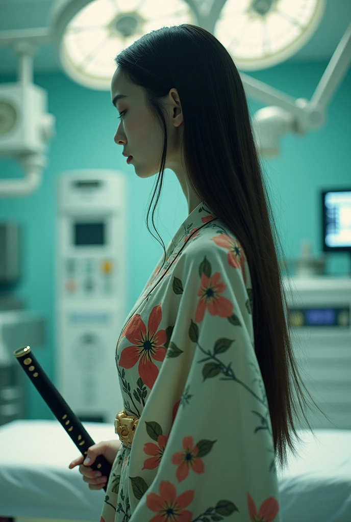 editorial photography,super detailed background,Super realistic,double exposure,depth of field,beauty super slender skinny vibes,soft focus tone,narrative scene,acrylic paint,high-contrast multilayer structure cyborg,full-body shot,from below,wabi-sabi kimono,super long straight brunette hair,In operating room,Japanese sword Katana,