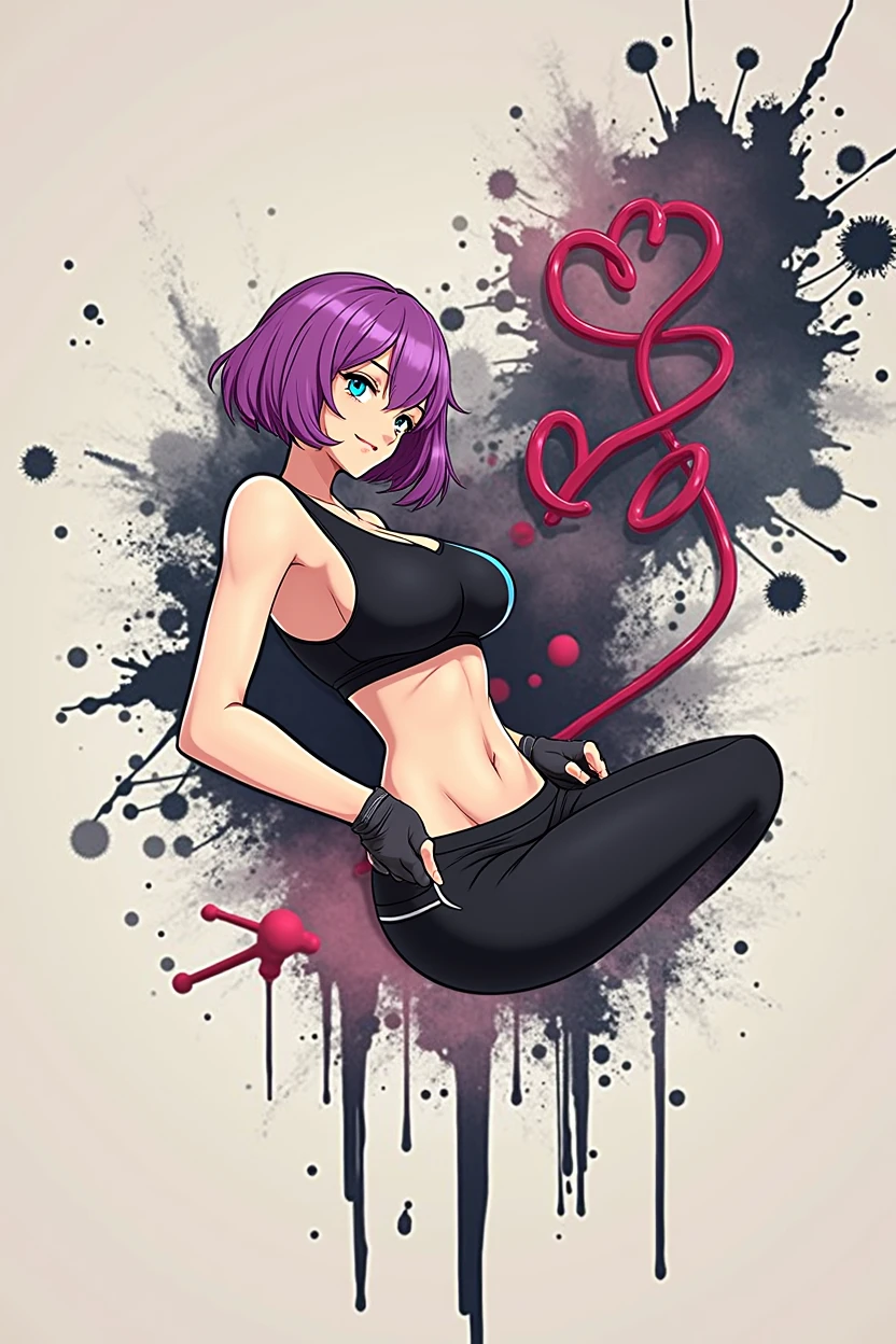 [Core Concept] A fit, athletic woman in sportswear preparing to get a tattoo.

[Character Description] The woman has a slender, toned figure with large, prominent breasts. She has vibrant purple hair and striking cyan-colored eyes that draw the viewer's attention.

[Environment/Background] The scene takes place in a setting suitable for receiving a tattoo, perhaps a tattoo parlor or studio with the necessary equipment and tools.

[Style and Atmosphere] The overall style anime has a dynamic, energetic feel, reflecting the subject's active lifestyle and the anticipation of the tattoo process.

[Composition] The composition focuses on the woman's upper body, capturing her confident, poised stance as she prepares for the tattoo.

[Details and Embellishments] The woman's hands are visible, adding a sense of realism and emphasizing her physical engagement in the process. The sportswear and her toned physique suggest an athletic, active lifestyle.

[Technical Specifications] The image should be rendered with a high level of detail and realism, highlighting the woman's facial features, the texture of her skin, and the materiality of her sportswear and surroundings.