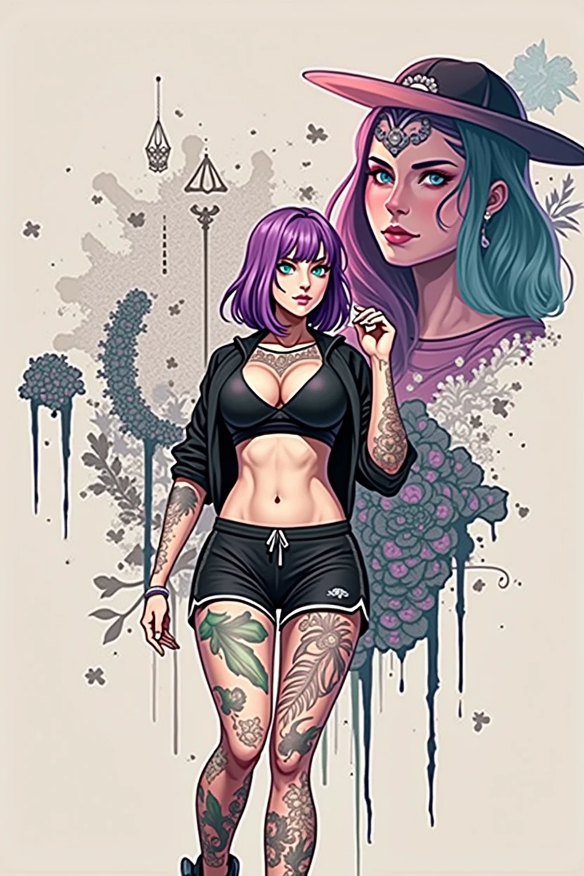 [Core Concept] A fit, athletic woman in sportswear preparing to get a tattoo.

[Character Description] The woman has a slender, toned figure with large, prominent breasts. She has vibrant purple hair and striking cyan-colored eyes that draw the viewer's attention.

[Environment/Background] The scene takes place in a setting suitable for receiving a tattoo, perhaps a tattoo parlor or studio with the necessary equipment and tools.

[Style and Atmosphere] The overall style anime has a dynamic, energetic feel, reflecting the subject's active lifestyle and the anticipation of the tattoo process.

[Composition] The composition focuses on the woman's upper body, capturing her confident, poised stance as she prepares for the tattoo.

[Details and Embellishments] The woman's hands are visible, adding a sense of realism and emphasizing her physical engagement in the process. The sportswear and her toned physique suggest an athletic, active lifestyle.

[Technical Specifications] The image should be rendered with a high level of detail and realism, highlighting the woman's facial features, the texture of her skin, and the materiality of her sportswear and surroundings.