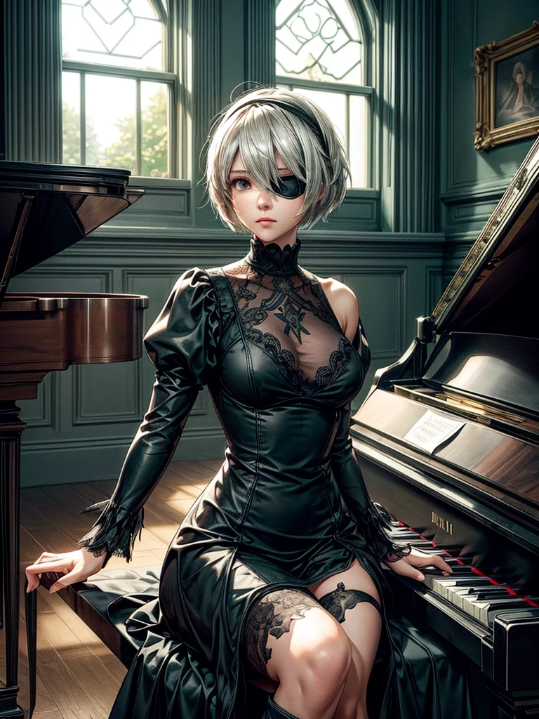 Create an image of 2B from NieR: Automata, seated gracefully at a grand piano, focusing on her detailed facial features. She is wearing her signature black dress with intricate lace detailing and thigh-high boots. Her white hair, slightly tousled, frames her face perfectly. Her blindfold is pulled up to reveal her striking eyes, which are wide and expressive, with a hint of melancholy and determination. Her high cheekbones and soft, slightly parted lips create a serene expression as she concentrates on playing the piano. The setting is a grand, dimly lit room filled with soft ambient light filtering through tall, arched windows, casting long shadows across the polished wooden floor. The piano is a sleek, glossy black, reflecting the room’s elegant features. 2B’s delicate fingers dance over the keys, with her posture conveying grace and poise. The sheet music in front of her is slightly ruffled, suggesting a piece she’s deeply immersed in. Around the room, there are faint remnants of nature reclaiming the space, with small vines creeping along the window sills and a few fallen leaves scattered on the floor. In the background, a large, ornate chandelier hangs from the ceiling, adding a touch of sophistication to the scene. The color palette is a mix of soft grays, blacks, and whites, with subtle hints of green from the vines. The overall atmosphere is tranquil and introspective, capturing a moment of peace and beauty amidst the post-apocalyptic world of NieR: Automata.