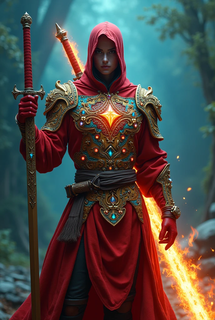 Ninja in red outfit , showing the Arcturian face , with sword of fire , gold armour, couraça no peito cerulean cheia de pedras preciosas verde,rot, purple,cerulean,yellow.
Greva cerulean.